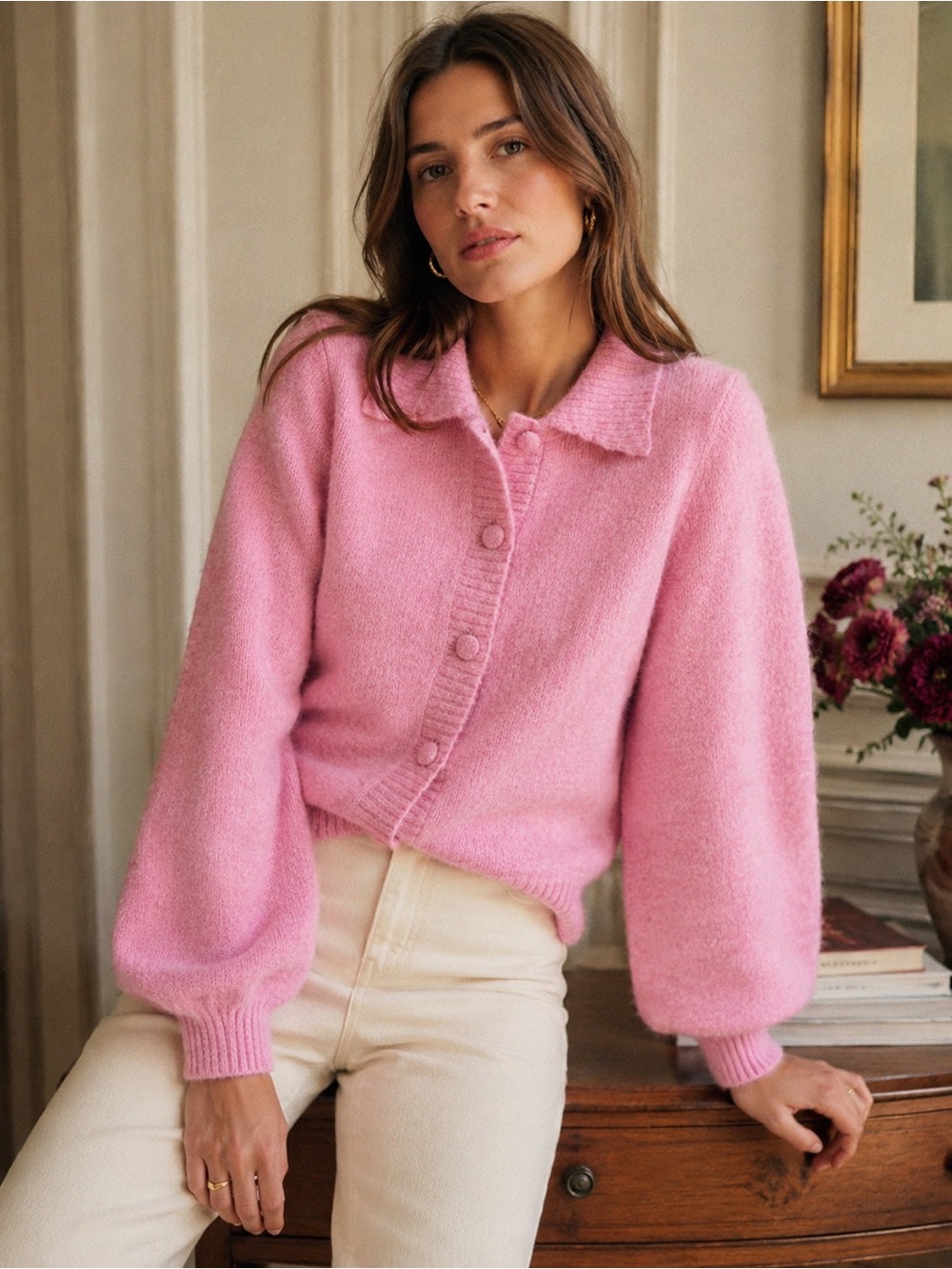 Selected Femme Danish Pink Alpaca Wool Blend Balloon Sleeve Sweater Cardigan M